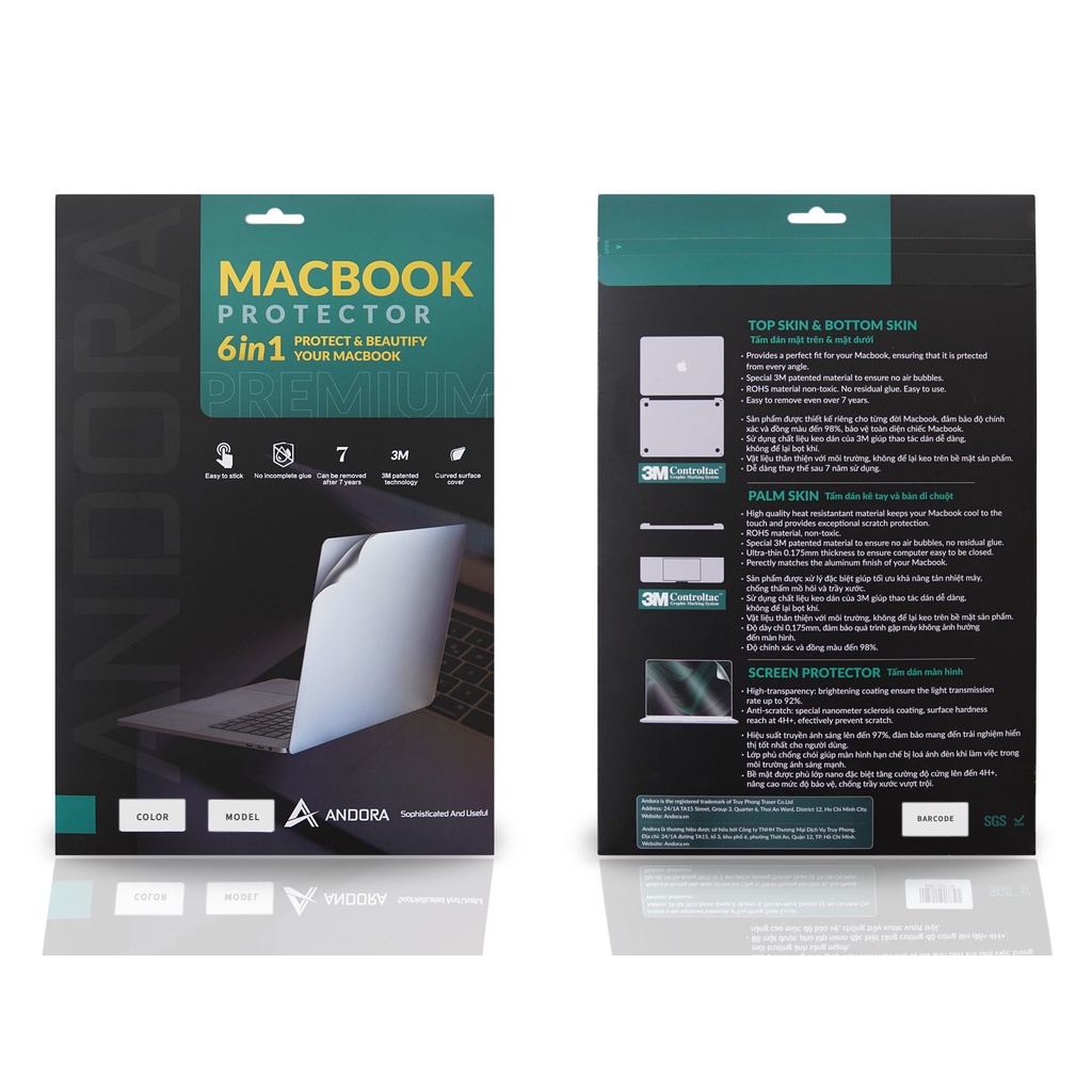 Bộ Dán Full Macbook 6in1 Andora Chất Liệu 3M Bền Bỉ, Dán Màn Hình Từ Tính An Toàn Cho Lớp Chống Loá