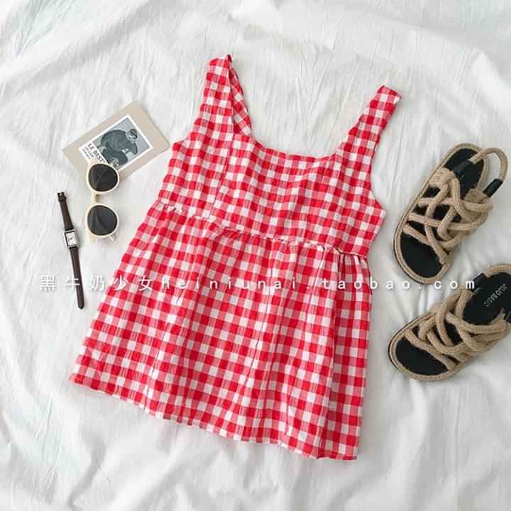 Áo hai dây bản to baby doll kẻ caro