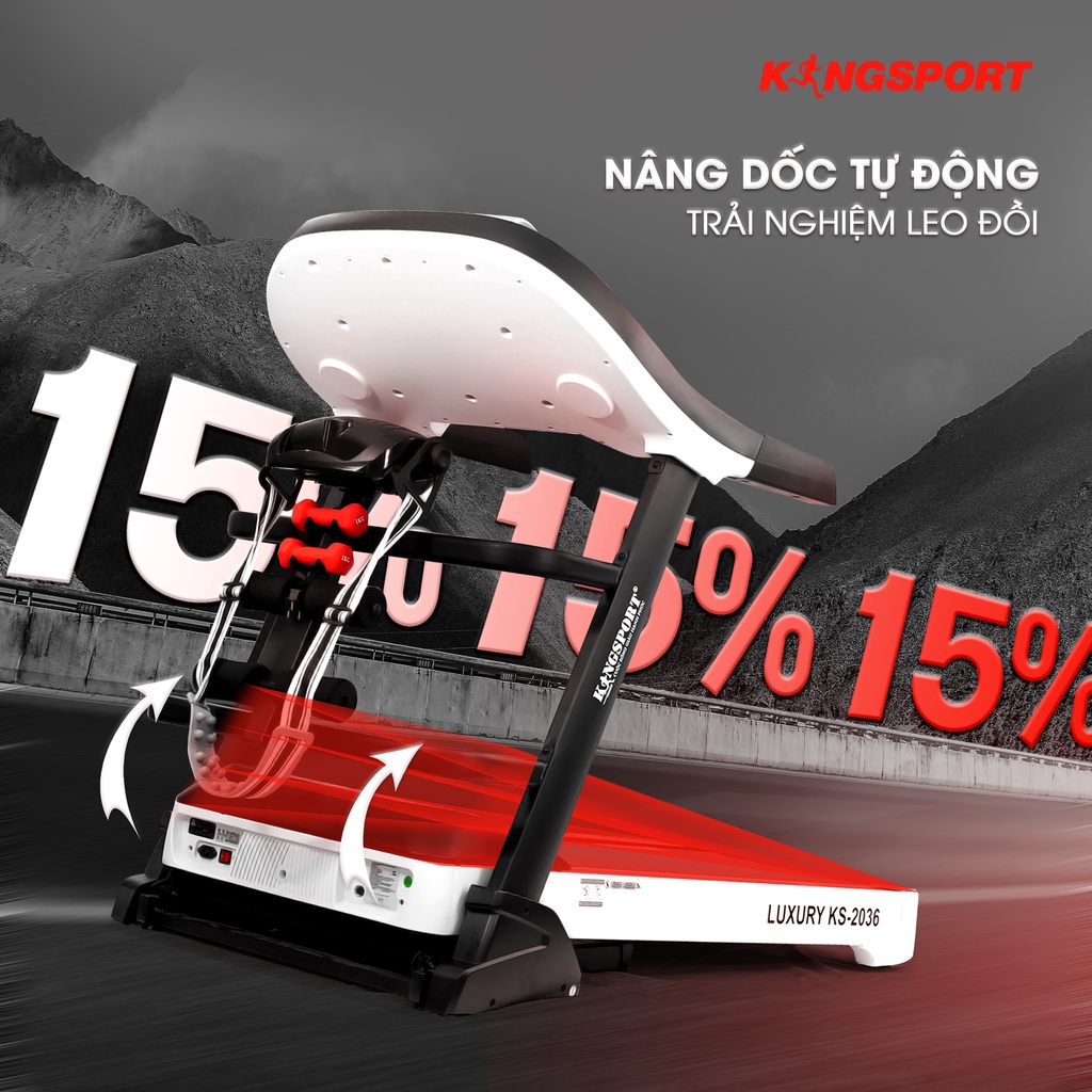 Máy chạy bộ tại nhà Kingsport Luxury KS-2036 có chức nâng dốc tự động, kèm theo đai massage và thanh gập bụng