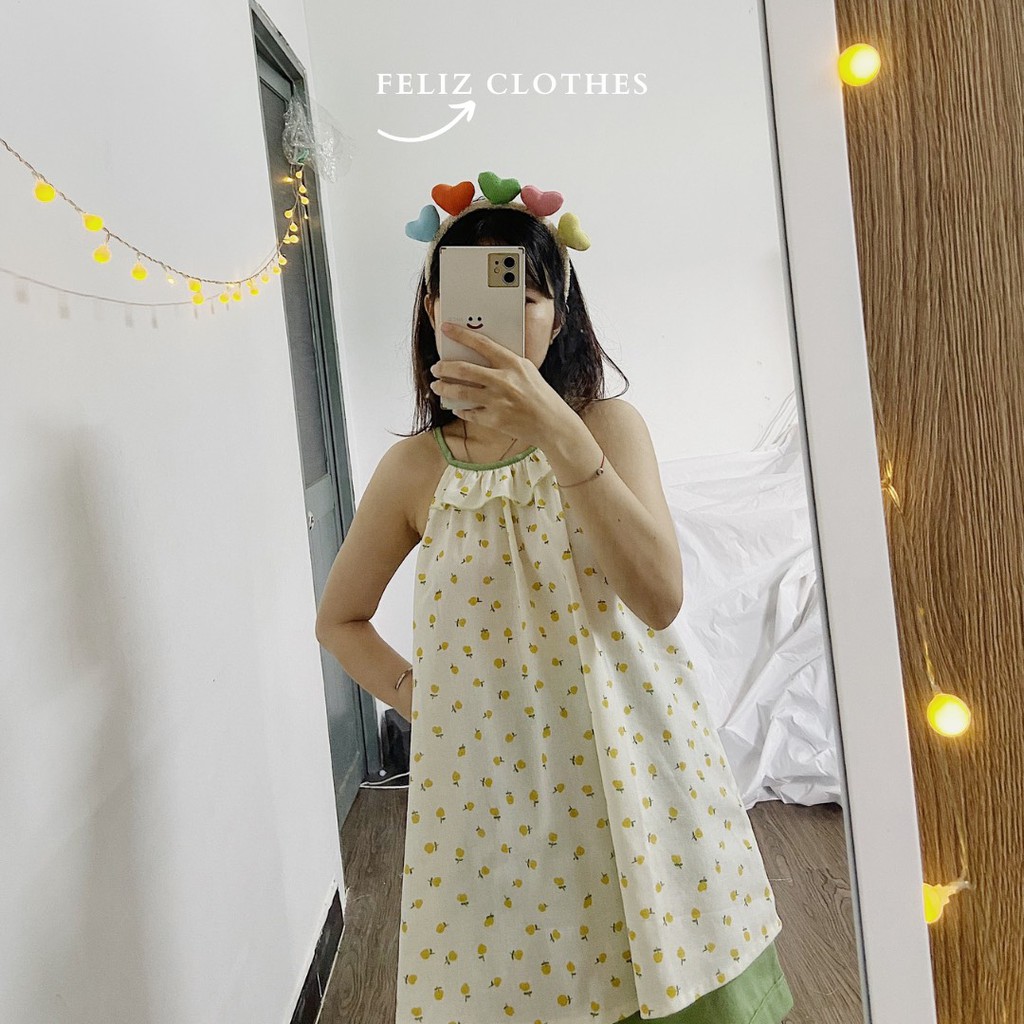 [Feliz.Clothes] Đồ ngủ 2 dây yếm linen bột hoa vàng siêu mát, siêu dễ thương | BigBuy360 - bigbuy360.vn