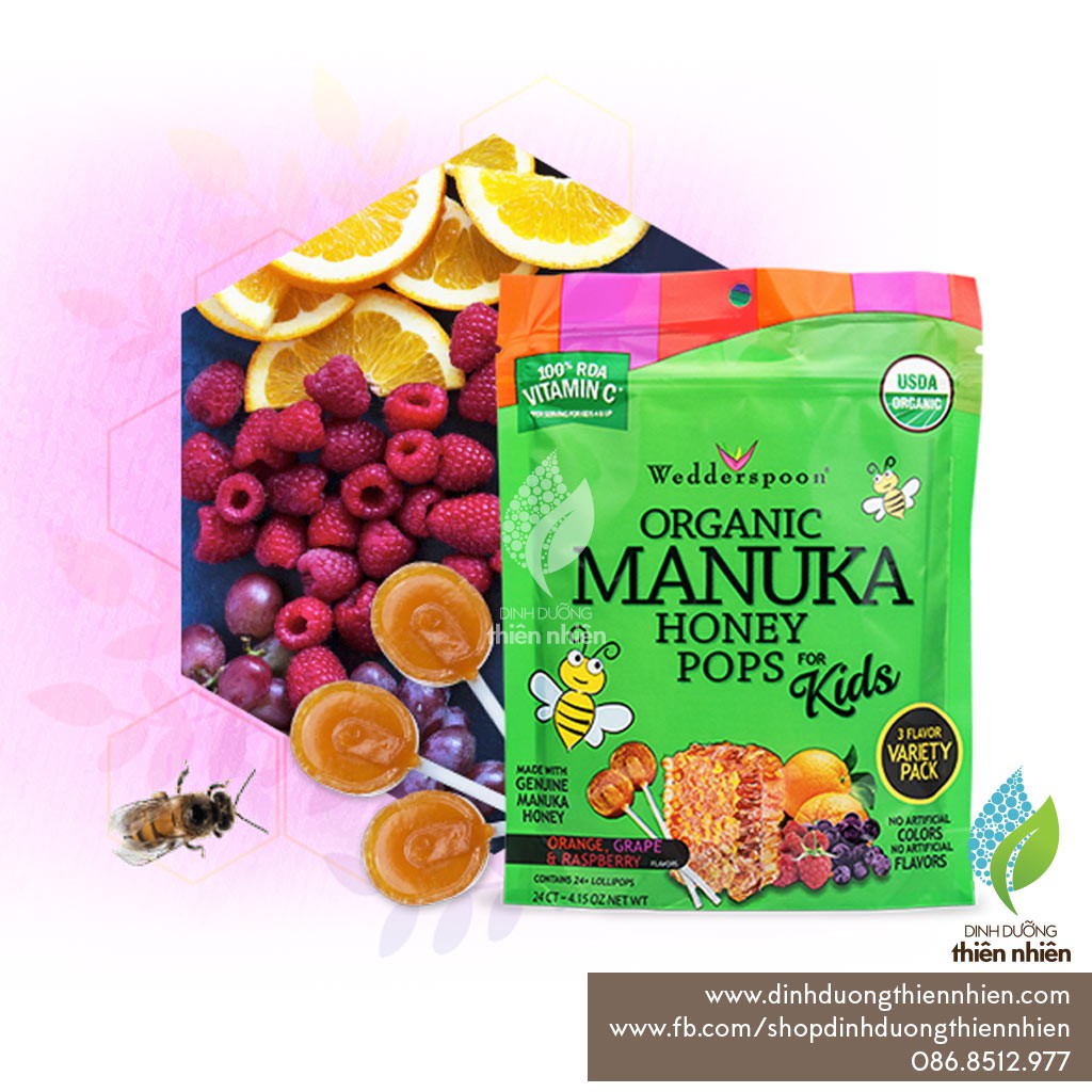 Kẹo Mút Hữu Cơ Từ Mật Ong Manuka Cho Trẻ Em, Wedderspoon Organic Manuka Honey Pops For Kids