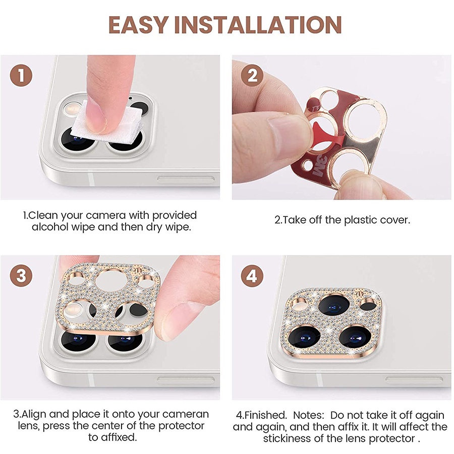 Miếng dán đính kim cương giả bảo vệ ống kính camera Cho iPhone 11 12 13 14 Mini Pro Max Plus
