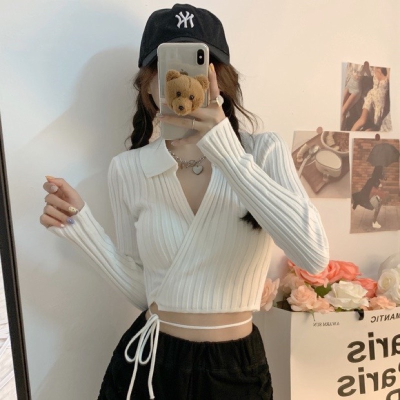 ÁO CROPTOP THUN LEN ĐŨA THẮT DÂY EO