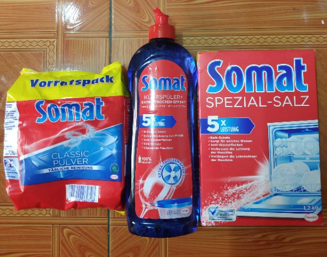 Combo bột rửa bát Somat 1.2kg, nước làm bóng 750ml + muối Somat 1,2kg