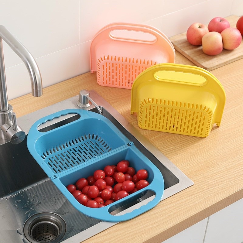 Thau 2 trong 1 kèm rổ gập rửa rau củ đa năng, rổ gấp gọn rửa trái cây tiện dụng - giao màu ngẫu nhiên