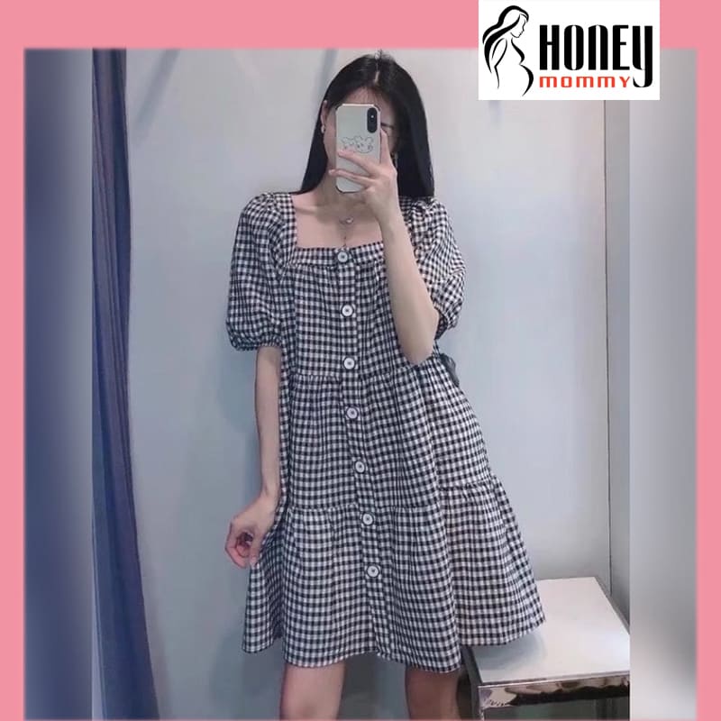 Váy Bầu Đầm Bầu Công Sở Mùa Hè Kẻ Caro Cổ Vuông Tay Bồng Xinh Xắn Dễ Thương Đi Làm Đi Chơi HD2898 Honey Mommy