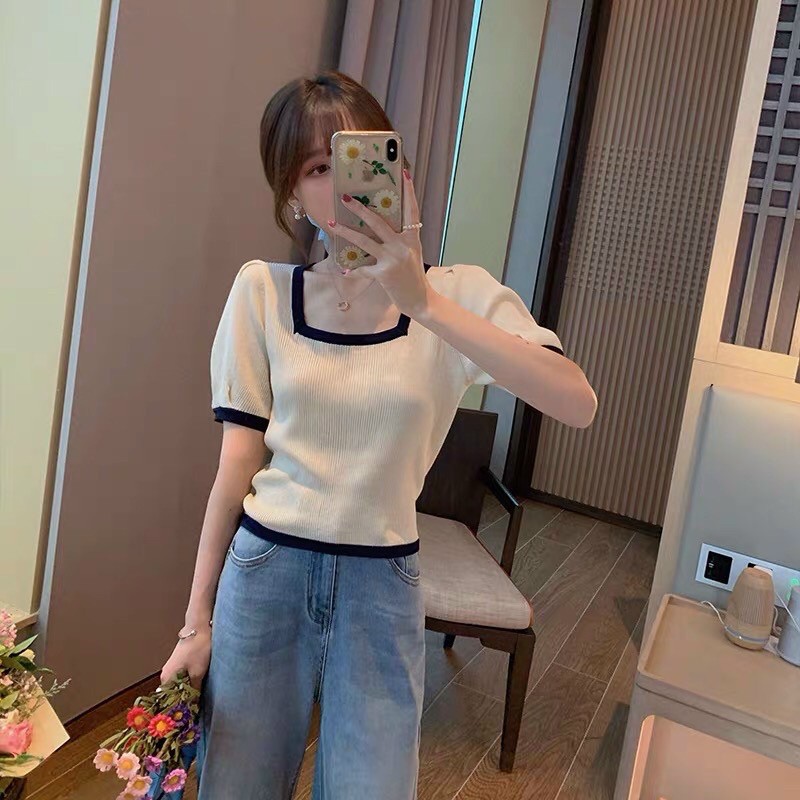 Áo kiểu nữ tay ngắn cổ vuông viền dễ thương