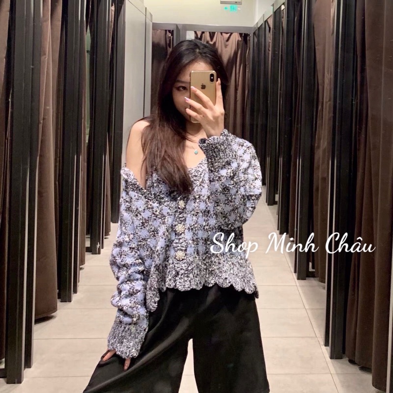 (Nguyên set) Set áo len kẻ xanh đính đá Zarraaa