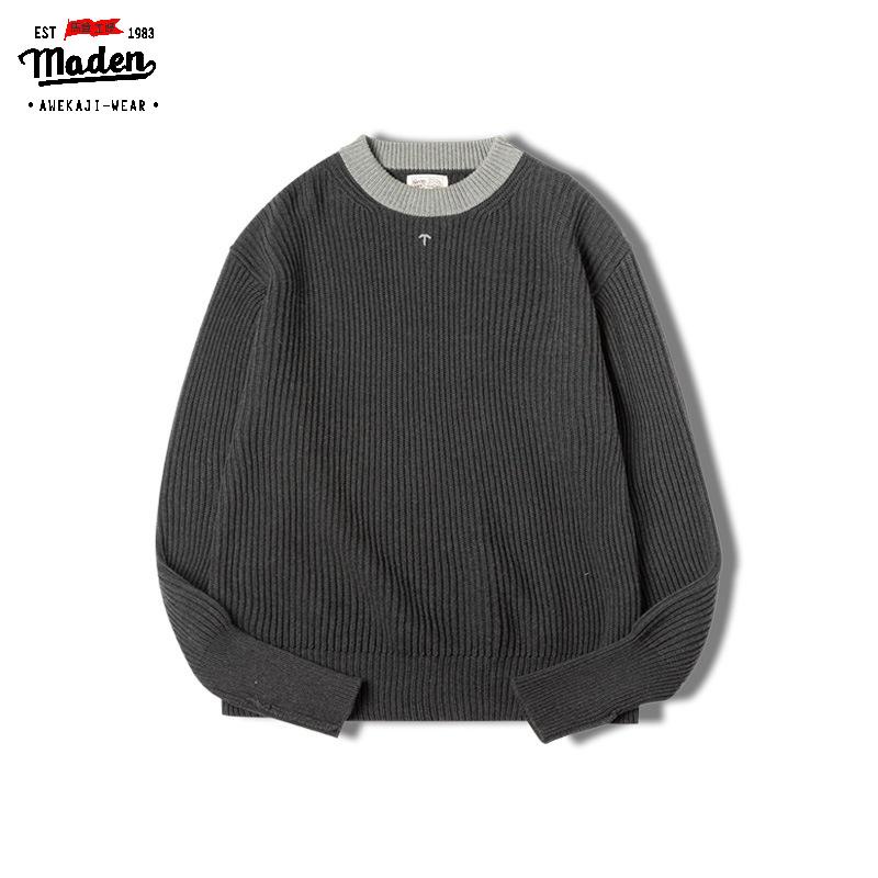 Áo sweater Maden màu xám đậm cổ tròn thời trang phong cách retro nhật bản dành cho nam