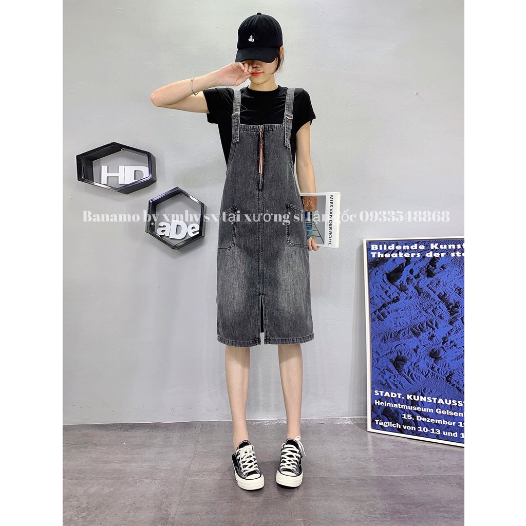Váy yếm JEAN nữ xẻ giữa phối khóa kéo trước phong cách hàn quốc thời trang Banamo Fashion 563 | BigBuy360 - bigbuy360.vn