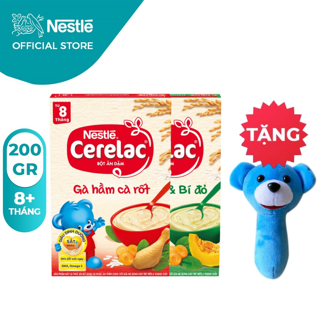 [Tặng Lục Lạc Gấu Cầm Tay] Combo 2 Hộp Bột Ăn Dặm Nestlé Cerelac Gà Hầm Và Rau Xanh Bí Đỏ 200g/Hộp: