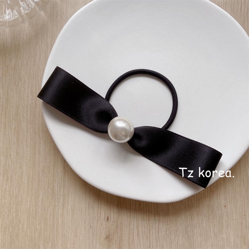 Cột tóc nơ gắn hạt đơn giản màu đen dễ thương C22