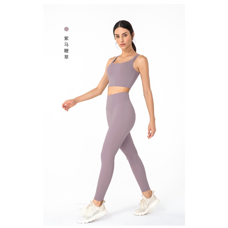 Set áo lót cổ chữ u đan dây lưng + quần legging thể thao lưng cao cho nữ