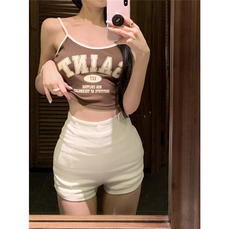 Áo Croptop Hai Dây Dáng Ôm In Chữ Thời Trang Mùa Hè Phong Cách Retro Mới