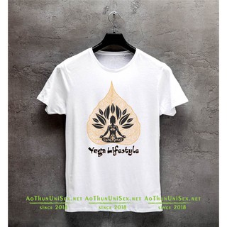 Áo thun Unisex cho Phật tử và Yoga mẫu Lá bồ đề cam tượng Phật đen và chữ Yoga Lifestyle