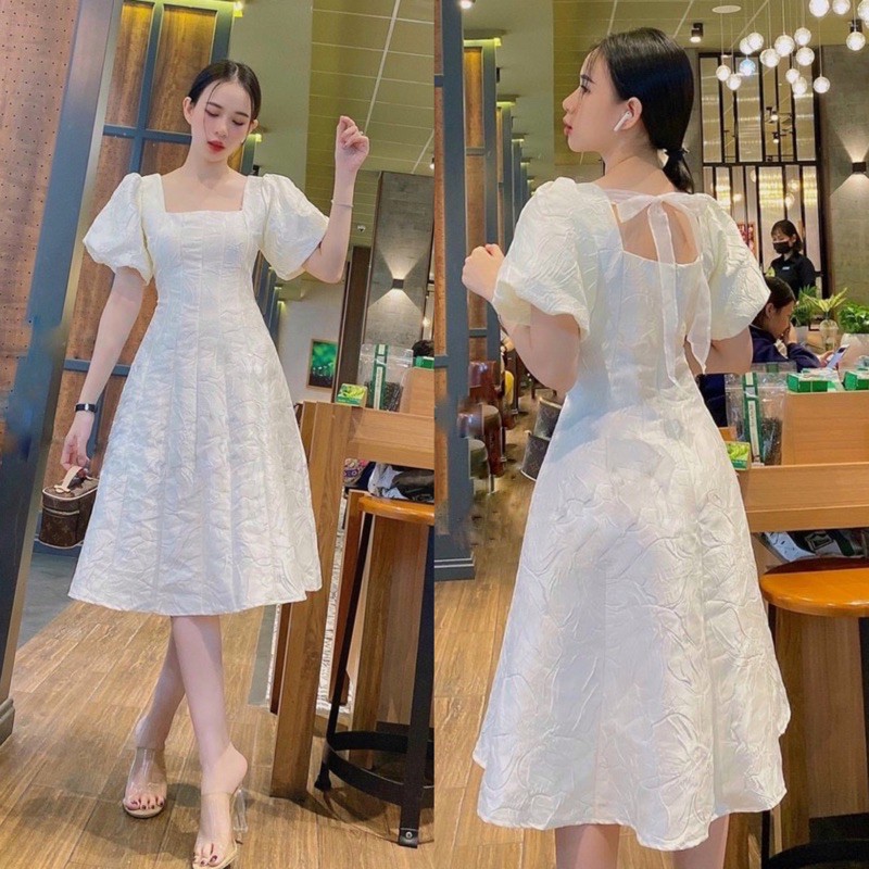 Đầm tay bồng gấm nơ lưng 2 màu | BigBuy360 - bigbuy360.vn