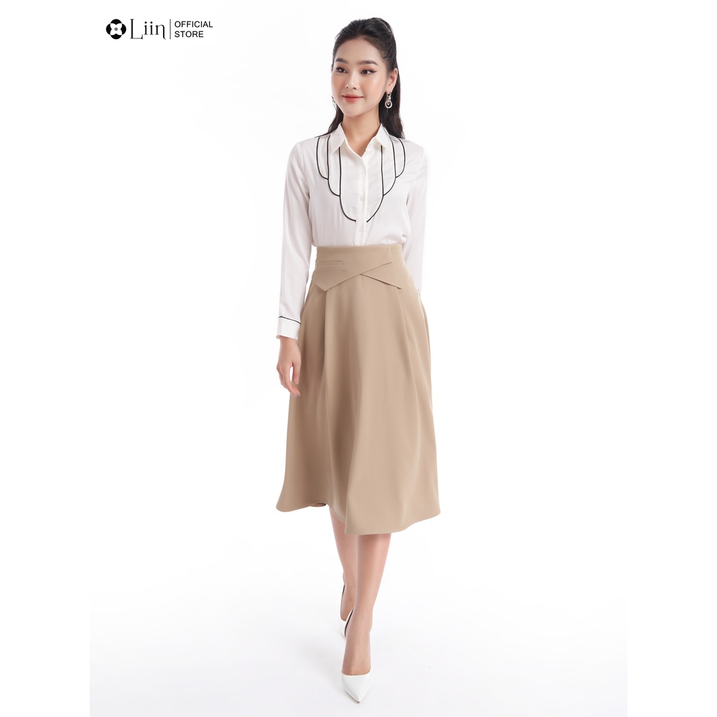 Chân váy dáng suông linbi màu nâu be mix cạp chéo xinh xắn, dễ phối đồ liin clothing J4306