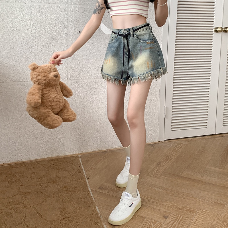 Quần Short jeans Lưng Cao Ống Rộng Thời Trang retro Cho Nữ