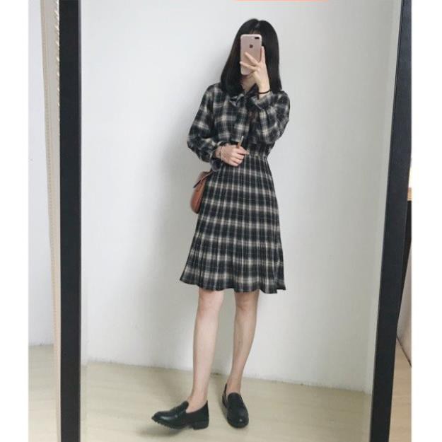 Đầm maxi dài tay họa tiết kẻ sọc ca rô phong cách Hàn Quốc xinh xắn thời trang 2021