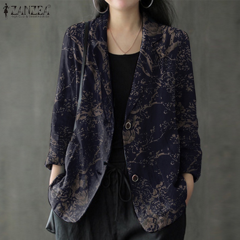Áo blazer ZANZEA cotton dáng rộng cổ bẻ tay dài in họa tiết hoa phong cách vintage thời trang dành cho nữ