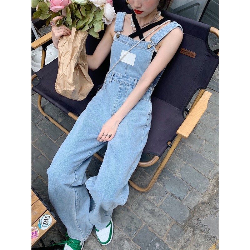 Quần yếm bò jeans ulzzang ống suông rộng / Yếm jeans áo liền quần ống rộng | BigBuy360 - bigbuy360.vn