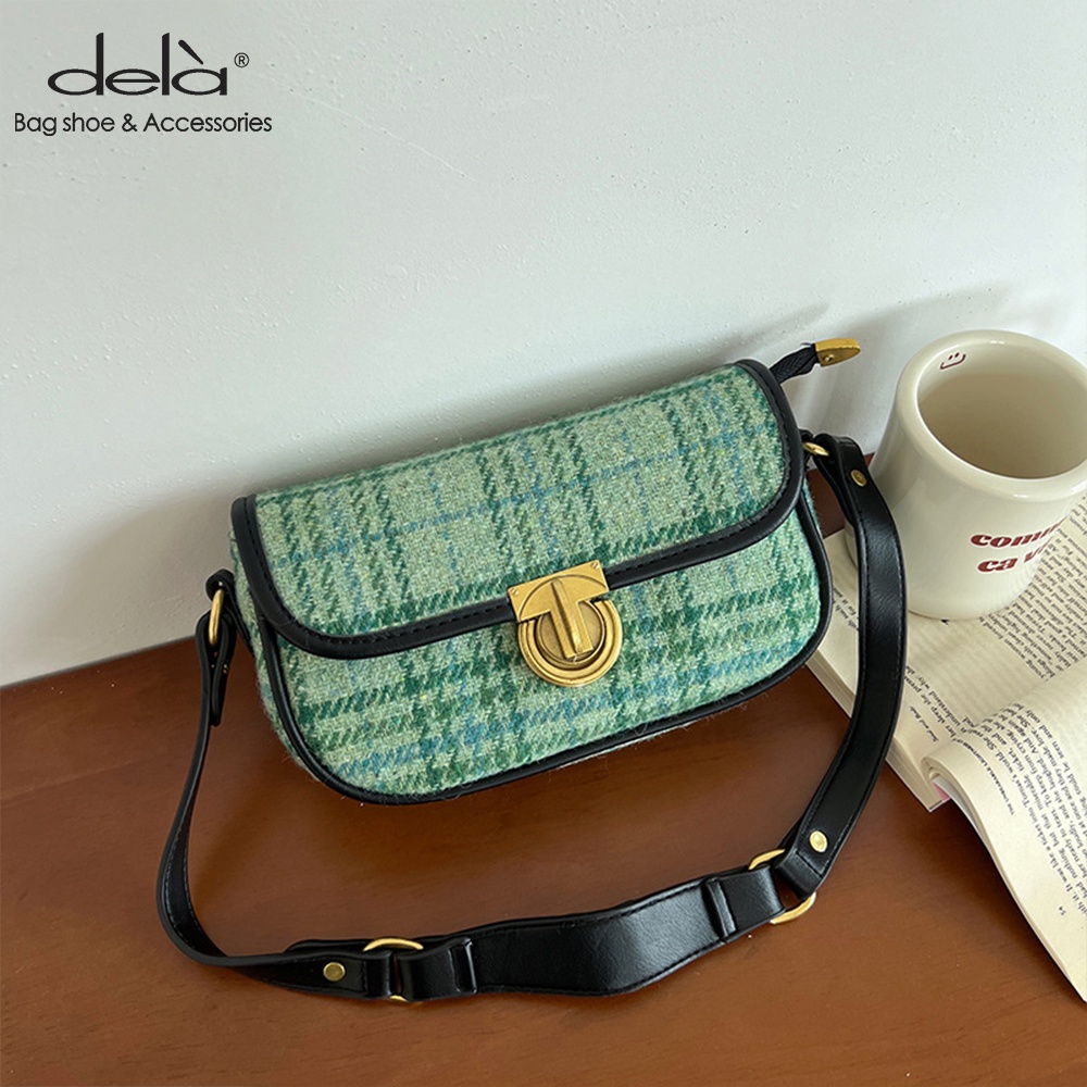 Dela Túi Đeo Chéo Bằng Len Họa Tiết Kẻ Ô Màu Xanh Lá Thời Trang Mới Cho Nữ