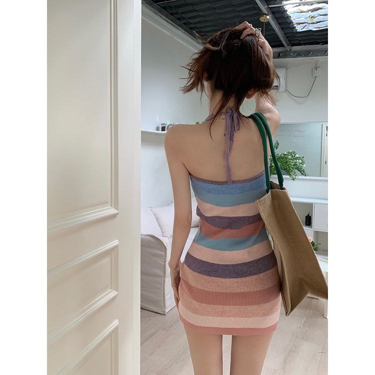 Đầm Cổ Yếm Họa Tiết Kẻ Sọc Thời Trang Mùa Hè Phong Cách Hàn Quốc Cho Nữ