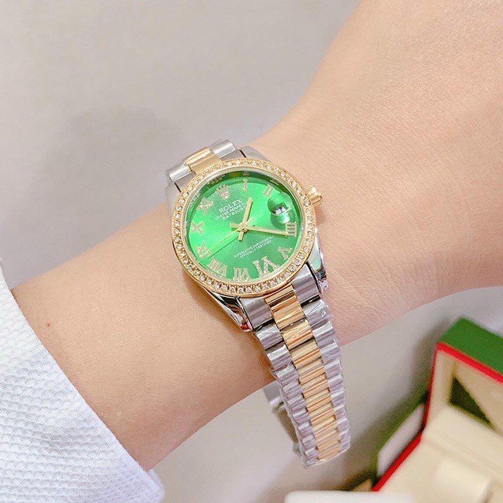 Đồng hồ Rolex nam nữ viền đá, mặt số la mã đính đá, dây đúc hợp kim không gỉ, không phai màu - Bảo hành 12 tháng