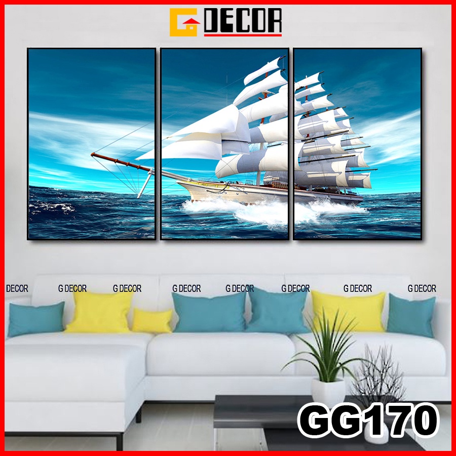 Tranh treo tường canvas khung gỗ 3 bức phong cách hiện đại Bắc Âu 170, tranh thuận buồm xuôi gió trang trí phòng khách