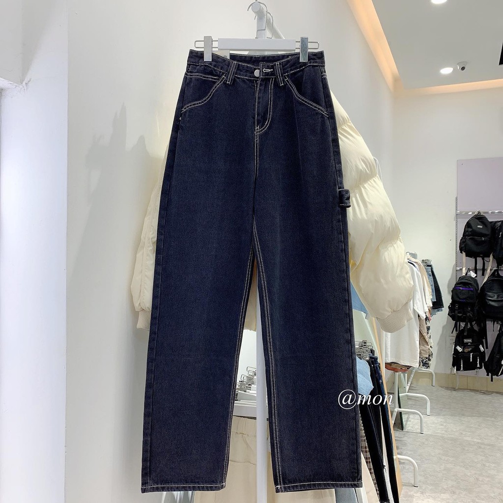 200904 Quần jeans ống suông nữ cạp cao màu xám khói basic phong cách ulzzang