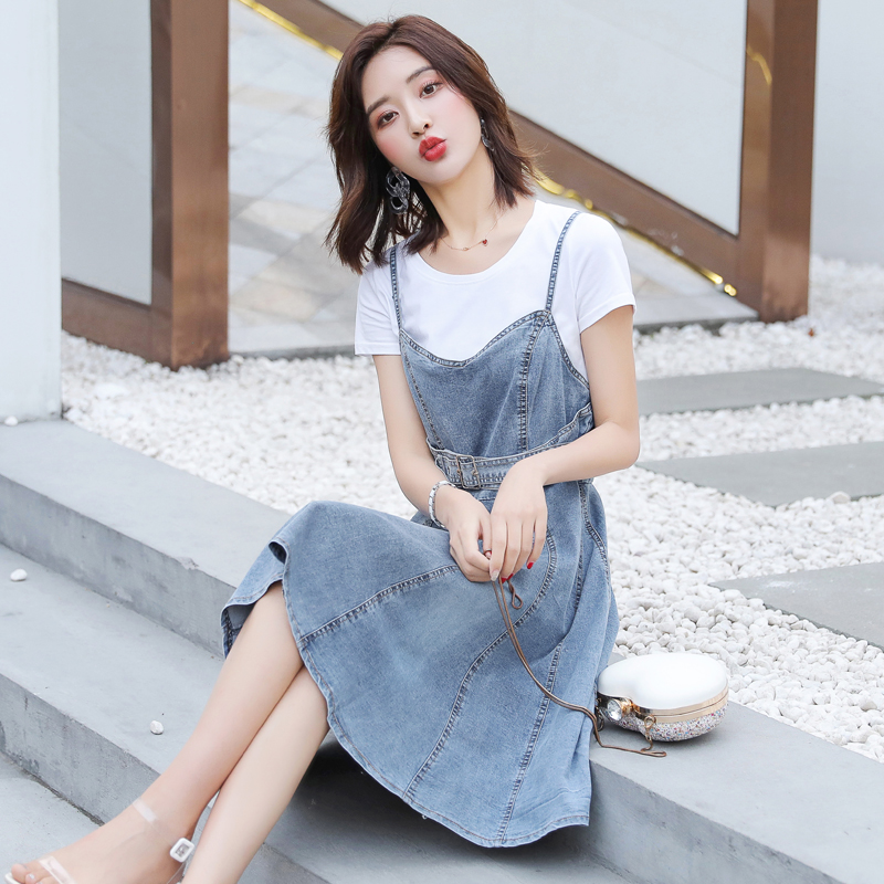 Set Áo Thun Ngắn Tay + Váy Yếm Denim Thời Trang Hè 2021 Phong Cách Năng Động Cho Nữ