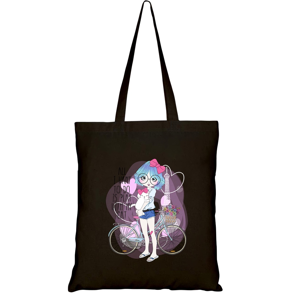 Túi vải tote canvas HTFashion in hình cute girl with cat HT114