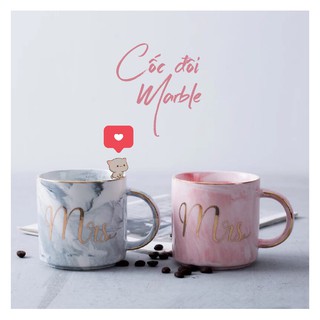 Cốc đôi vân đá Marble MR và MRS bằng sứ 370ml màu Xám và Hồng (có tách set)