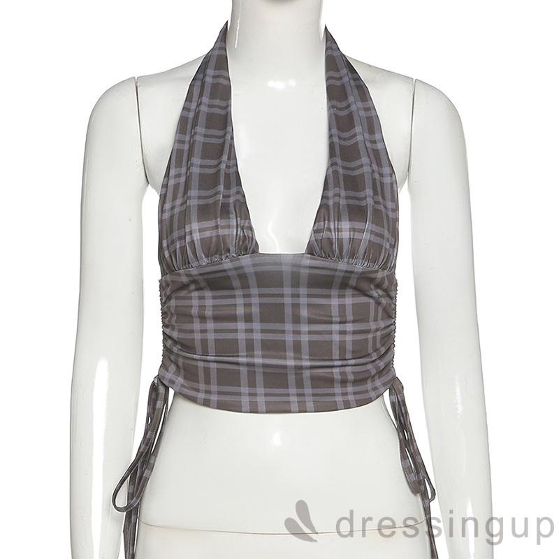 Đầm Hai Dây Hở Lưng Họa Tiết Sọc Caro Phối Dây Rút Phong Cách Quyến Rũ