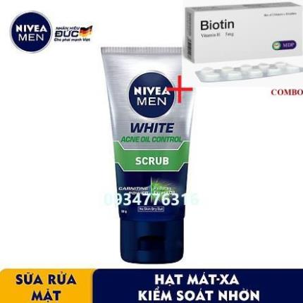 Combo Biotin 5mg+ ✅ Sữa rửa mặt Nivea Men giúp kiểm soát nhờn chứa hạt mát-xa 50-100g