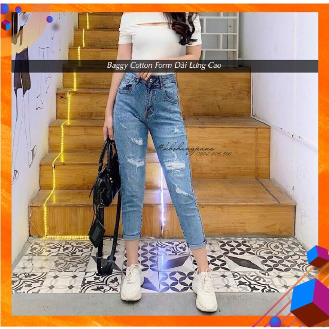 Quần Baggy Cotton Rách Form To Dài - Lưng Cao Qua Rốn