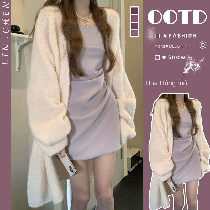 Bộ Áo Khoác Cardigan Lông Lửng + Đầm Hai Dây 101.1kg Phong Cách Mùa Thu Nhẹ Nhàng Phong Cách Mới Dành Cho Nữ