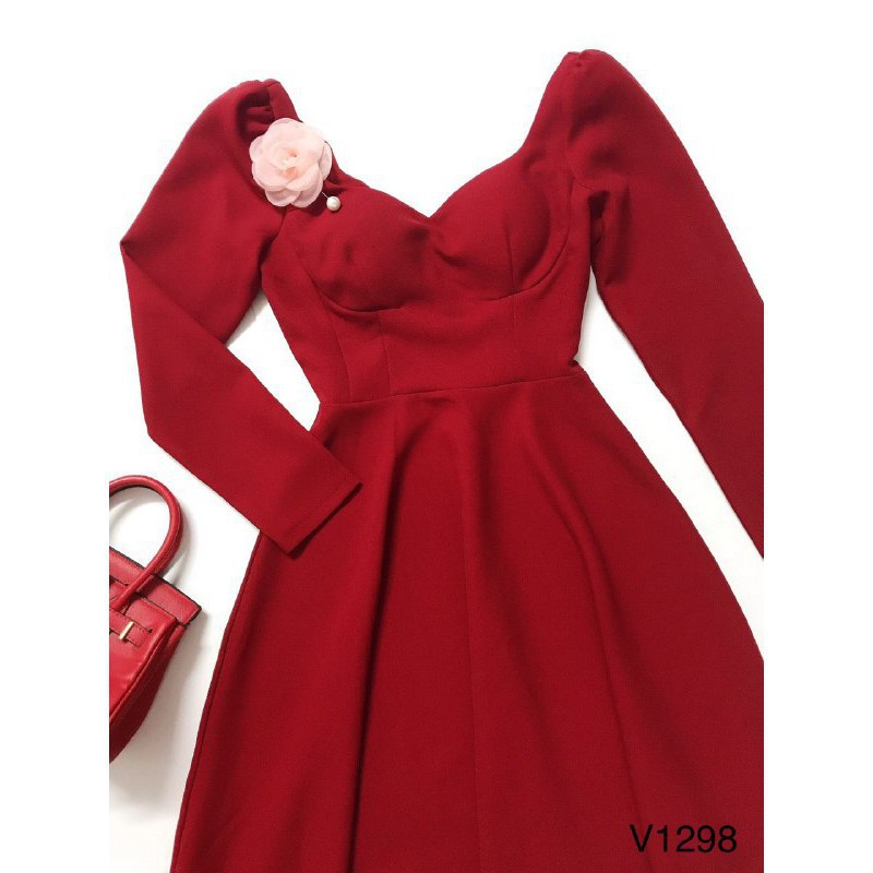 [ xả kho ] MiD Đầm đỏ xòe V1298 khoét cổ quyến rũ Mie Design kèm ảnh thật