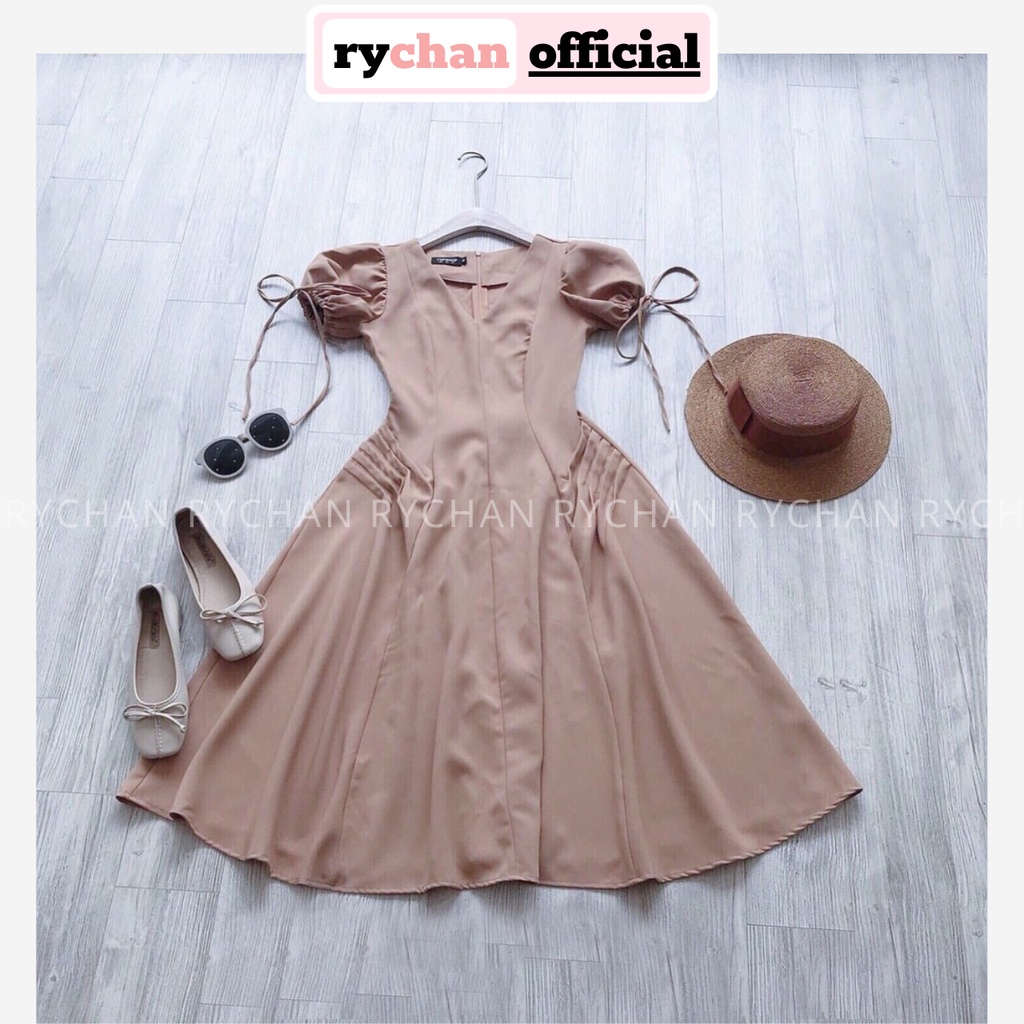 [ẢNH THẬT CUỐI] DX557 - Đầm Xòe Nude Tay Phồng Cổ V Nơ Tay