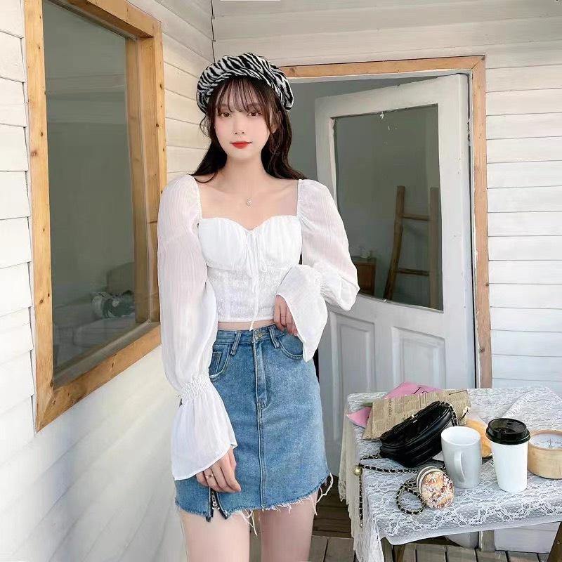 Áo croptop tay dài YUNA tay bồng  thân kiểu dáng corest có đệm mút siêu hách dáng, thời trang nữ YUNA_A004