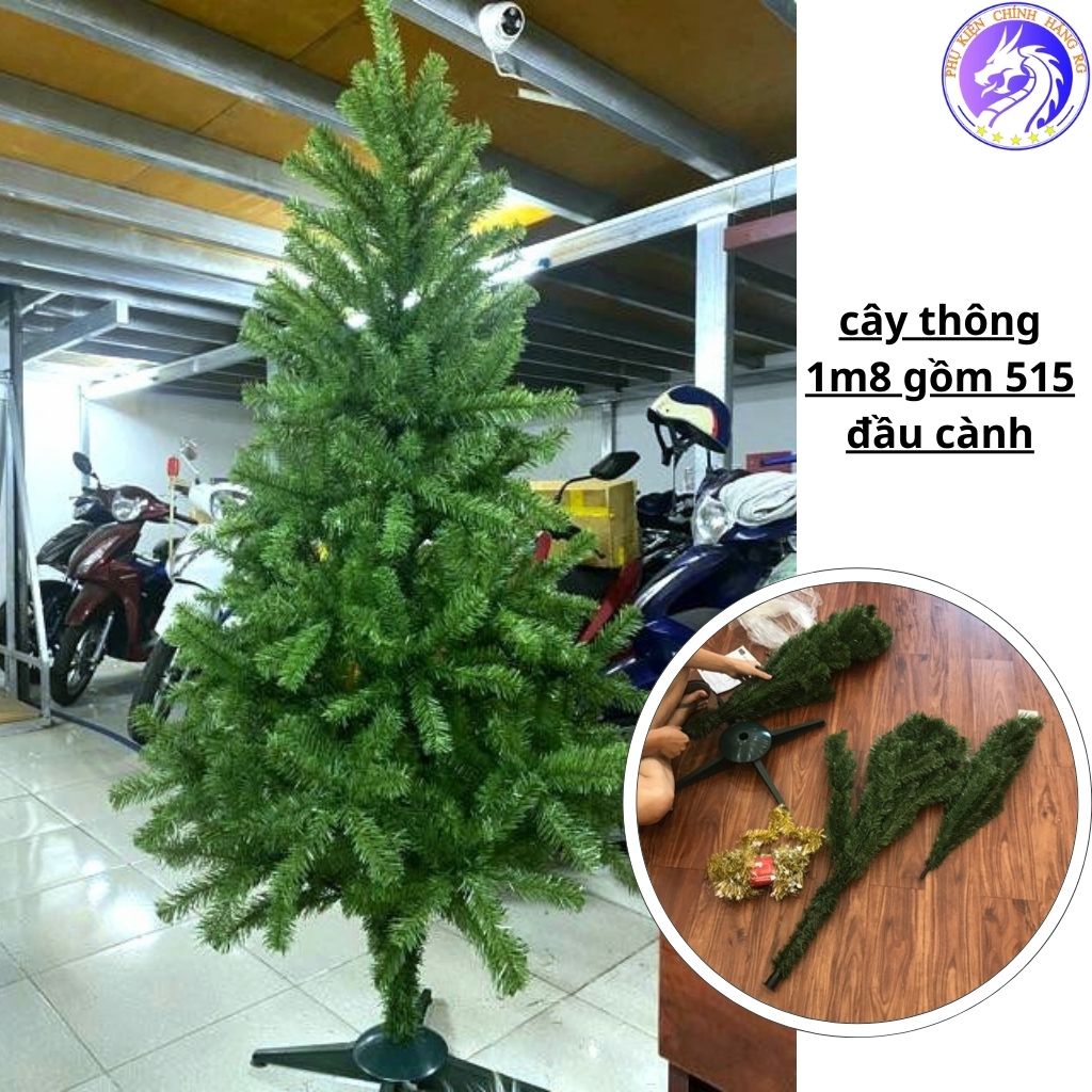 Cây thông noel 1m8 trang trí phòng khách công ty ngoài trời đón giáng sinh giá rẻ tặng ngôi sao đỉnh và 4 dây kim tuyến
