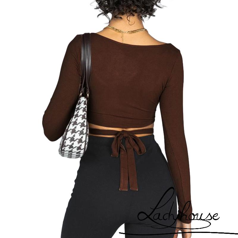 Áo Croptop Tay Dài Cổ Vuông Màu Trơn Khoét Lỗ Màu Trơn Quyến Rũ Cho Nữ