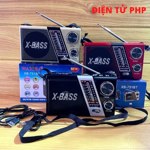 Đài Waxiba XB-751BT Extra Bass có Bluetooth ,radio FM/AM/SW nghe nhạc thẻ nhớ usb,loa to, có đèn pin ,tích hợp pin sạc t