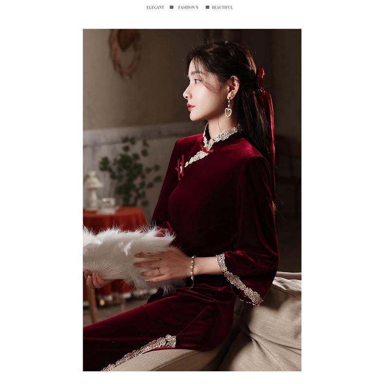 Đầm Sườn Xám Cách Tân Vải Nhung Phong Cách Trung Hoa Thời Trang Mùa Thu Mới 2022