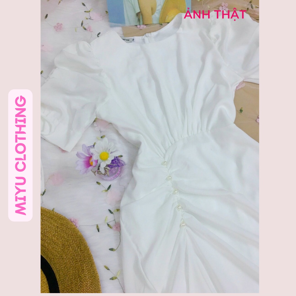 Đầm đẹp dự tiệc sang chảnh tay bồng nhún eo váy xòe dáng dài chất lụa Pháp cao cấp mềm mịn bóng mượt