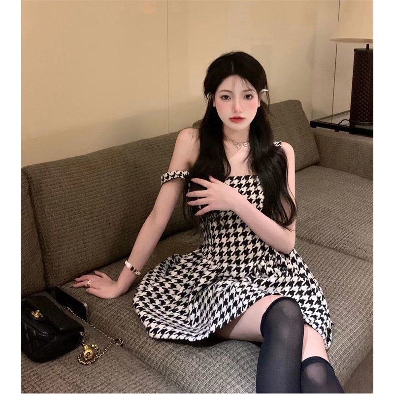 Summer 2022 new pure sexy spice girl sexy thousand grid bird suspender dress feminine waist puffy skirt