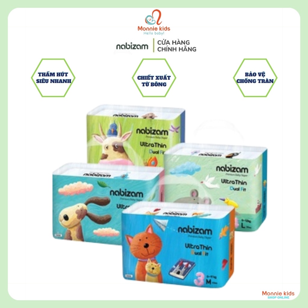 Bỉm tã dán cho bé Nabizam S44/M40/L36/XL32, bỉm dán Hàn Quốc siêu mỏng cho trẻ - Monnie Kids