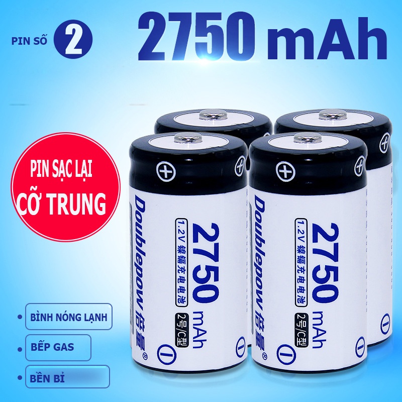 Pin sạc lại cỡ trung đại Size C  2750mAh Doublepow chuyên dùng cho bình nước nóng, bếp gas...
