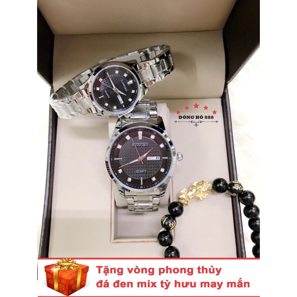 Cặp Đồng hồ đôi nam nữ Longbo dây kim loại thời thượng ( LB80484 dây trắng mặt đen ) - TẶNG 1 vòng tỳ hưu phong thủy