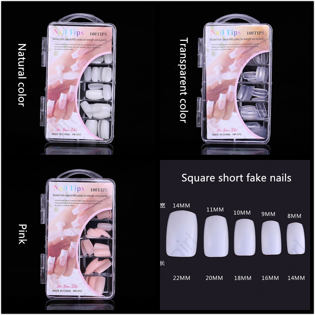 Set 100 móng tay giả vuông ngắn màu trong suốt/màu hồng/màu tự nhiên thời trang